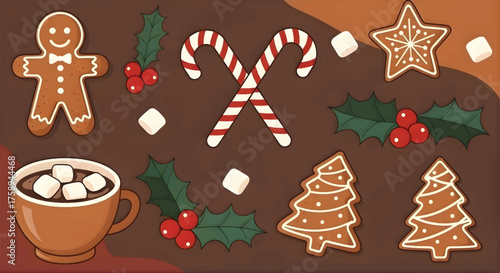 Festive Christmas treats and holiday decorations featuring gingerbread cookies, candy canes, hot chocolate, and holly sprigs on a brown background