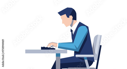 Businessman typing on a keyboard at a desk in an office setting.