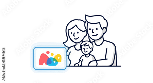 Line art family with colorful smart home device icon.