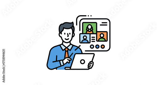 Illustrated Businessman in Blue Shirt and Tie Conducting Online Video Conference Call on Laptop.