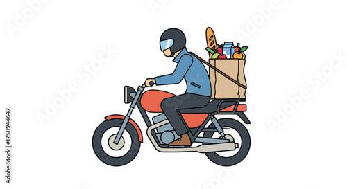 Delivery man on motorcycle with grocery bag vector illustration.
