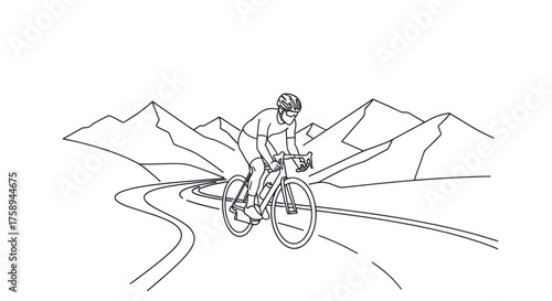 Cyclist Riding Bicycle on Winding Road in Mountains.
