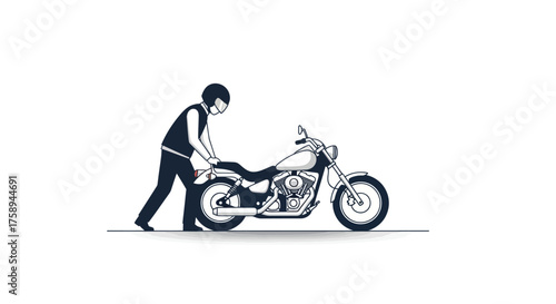 Man Pushing a Classic Motorcycle Black and White Illustration.