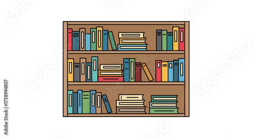 Bookshelf filled with colorful books and stacked volumes on wooden shelves.