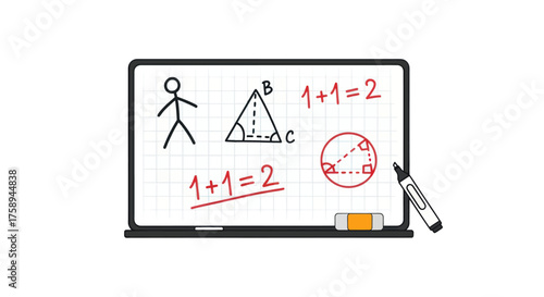 Whiteboard with Simple Drawings and Mathematical Equations.