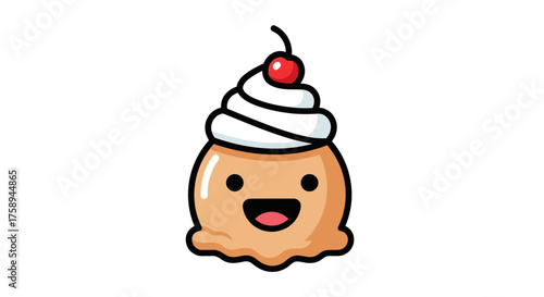 Cute kawaii ice cream scoop character with a happy smiling face whipped cream and a cherry on top.