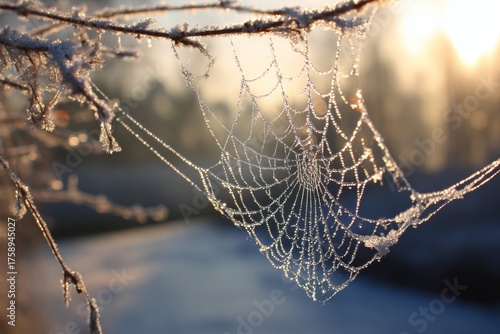 A beautiful spider web hangs delicately from a branch, covered in sparkling frost. Soft sunlight illuminates the scene, creating a serene atmosphere in the early morning forest