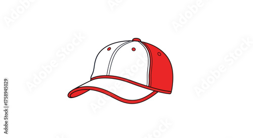 White and Red Baseball Cap with Curved Brim and Button Detail.
