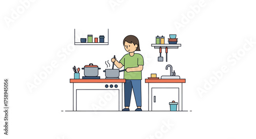 Woman Cooking in Kitchen with Pot on Stove.