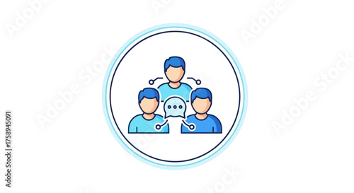 Team Communication Icon with Three Stylized People and Speech Bubble.