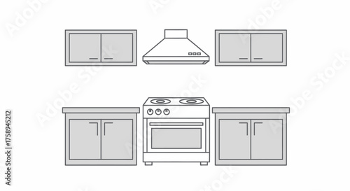 Kitchen Layout with Cabinets Stove and Hood Minimalist Line Art Design.