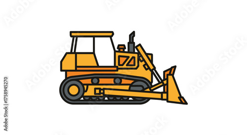 Yellow Bulldozer Construction Vehicle Illustration with Tracked Wheels.