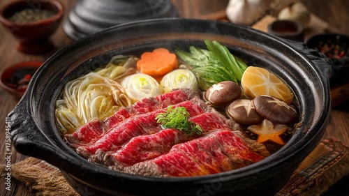 Delicious Japanese sukiyaki hot pot with thinly sliced beef and vegetables