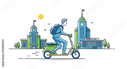 Man Riding Electric Scooter in Cityscape Illustration.