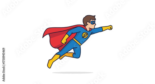 Cartoon Superhero Flying with Red Cape and Mask.