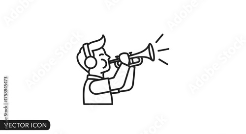 Man wearing headphones playing a trumpet with sound waves.