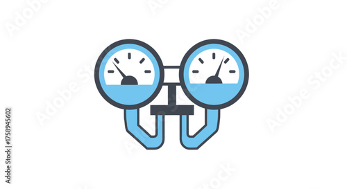 Two Blue Pressure Gauges Connected by a Pipe.
