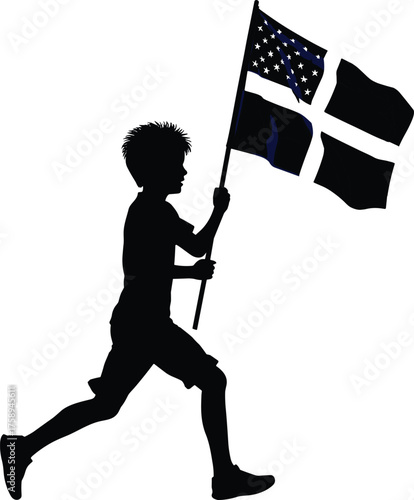 Child running with flag silhouette cartoon illustration, symbolic protest and expressive gesture artwork for lifestyle and emotional design