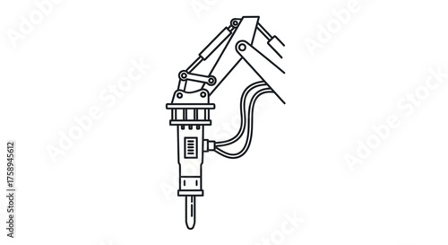 Industrial Hydraulic Hammer Excavator Attachment Line Art Illustration.