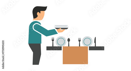 Man serving food at a formal dining table setting.