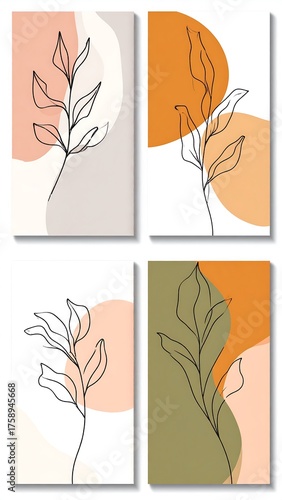 Botanical Abstract Art - Minimalist Line Drawings with Earthy Tones.