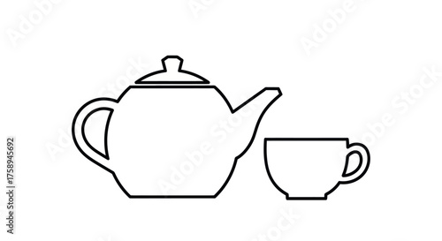 Simple Teapot and Cup Outline Illustration.