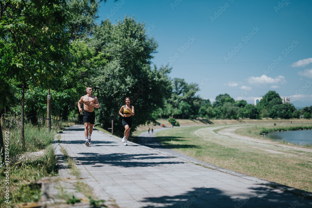 Obraz premium Fit people jogging on a sunny day in a green park beside a serene river. Promoting outdoor fitness, energy, and a healthy lifestyle in a picturesque natural environment.