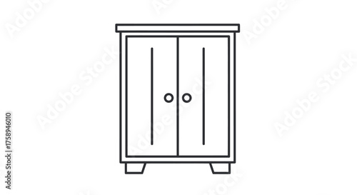 Minimalist Line Art Illustration of a Wooden Cabinet with Two Doors and Round Handles.