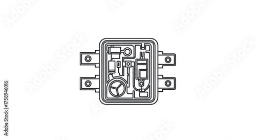 Detailed Line Art Illustration of an Electrical Relay Component.