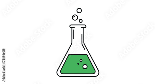 Simple line art illustration of an Erlenmeyer flask with a bubbling green chemical.