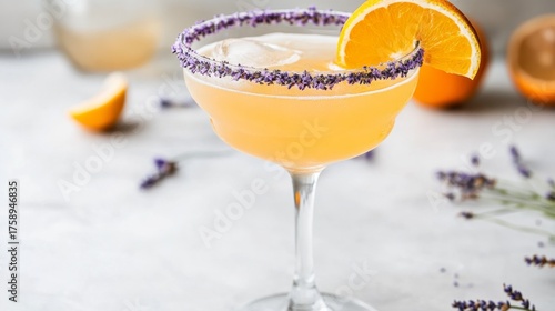 Elegant Orange Cocktail with Lavender Rim, Cocktail , Beverage