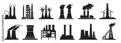Power Generation Icons. Solid, filled icon set of power generation solar panel, wind turbine, hydroelectric dam, nuclear plant, coal power plant, gas turbine