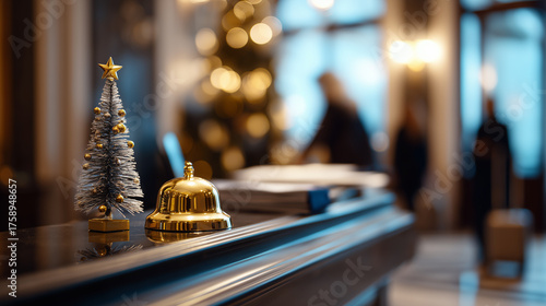 Golden reception desk service bell next to a small decorative christmas tree in a hotel lobby with blurred bokeh lights in the background.