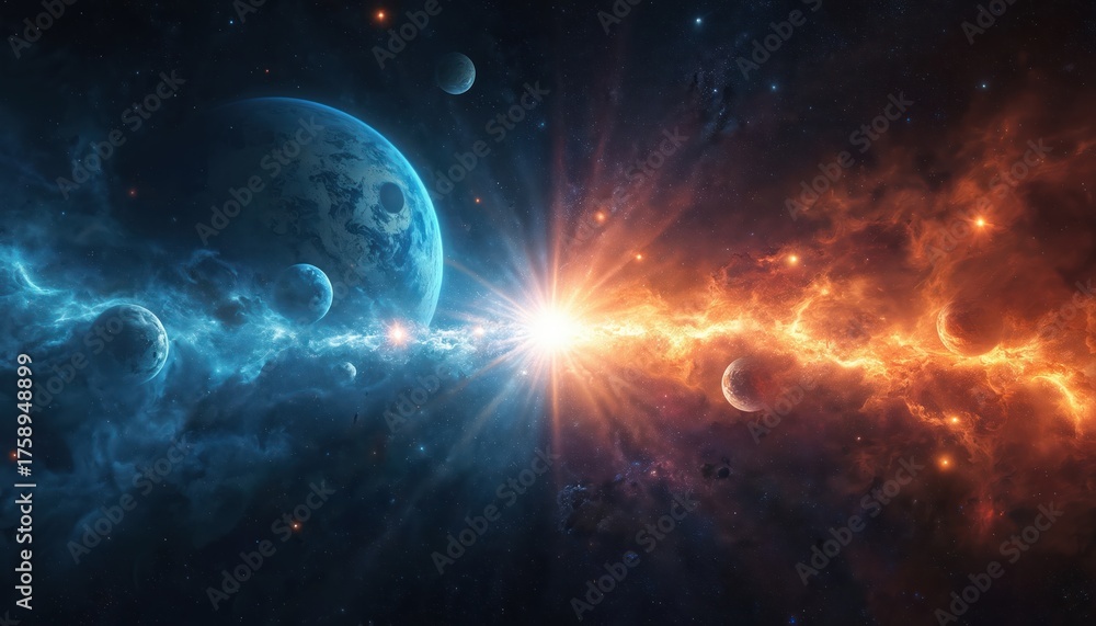 Obraz premium Two cosmic nebulae, one blue and one orange, meet in space. Planets orbit near glowing starburst. Deep cosmos scene with stars, moon, and galaxies.
