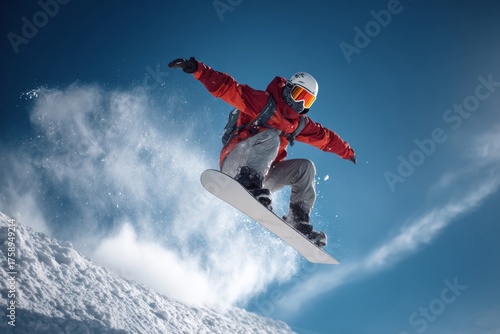 Wallpaper Mural A snowboarder in a red jacket and gray pants leaps off a snowy slope against a clear blue sky. Sunlight shines brightly on the snow, showcasing the thrill of winter sports Torontodigital.ca