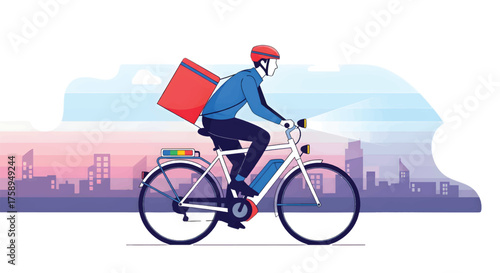 A courier on an electric bicycle provides a fast and eco-friendly delivery service, riding through a modern city with a skyline silhouette during sunset or sunrise