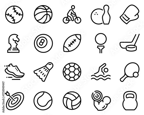 Simple Set of Sports Equipment Related Vector Line Icons. Contains such icons as Football Soccer, Bodybuilding, Jug and more.	
