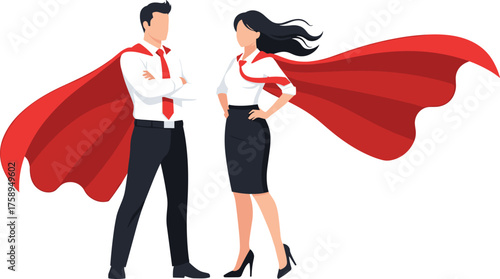 Business Superhero Characters in Professional Attire with Red Capes Representing Leadership, Empowerment, and Workplace Excellence for Corporate Design and Motivational Vector Projects