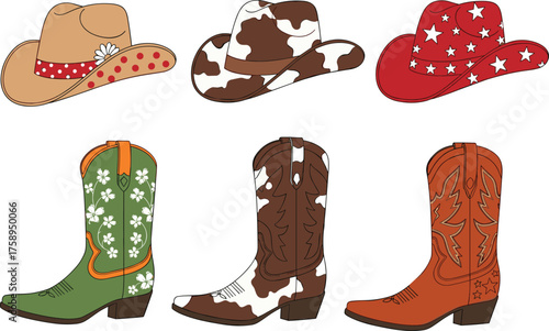 Colorful Cowboy Hats and Boots Set Featuring Western-Themed Fashion Accessories with Unique Patterns and Styles for Costume Design, Apparel Graphics, and Vector Art