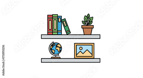 Two shelves displaying books a potted plant a globe and a framed picture.