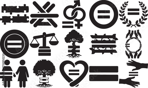 Black and white graphic symbols representing equality diversity and inclusion in various contexts promoting social justice and fairness
