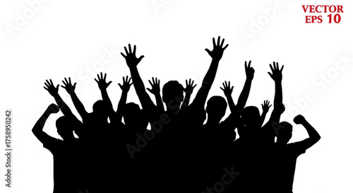 A black silhouette of a cheering crowd of people with their hands and arms raised in the air.