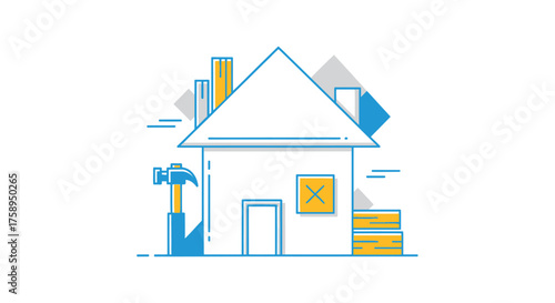 Simple Line Art Illustration of a House with Construction Elements.