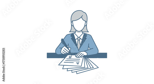 Businesswoman Writing on Documents at Desk Vector Illustration.
