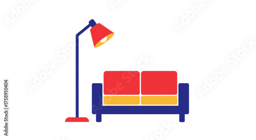 Modern Red and Yellow Sofa with Floor Lamp Illustration.