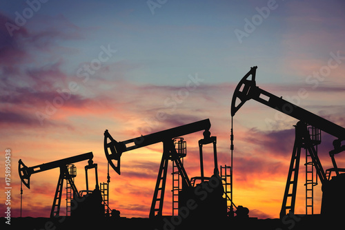 Bild auf Leinwand Silhouette of oil pumps against the backdrop of sunset