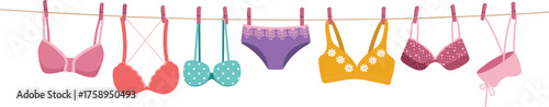 Colorful lingerie and bra collection hanging on clothesline illustration, women underwear set, fashion design, flat vector illustration
