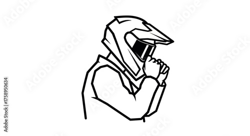 Black and White Line Art of Motocross Rider with Helmet and Jacket.