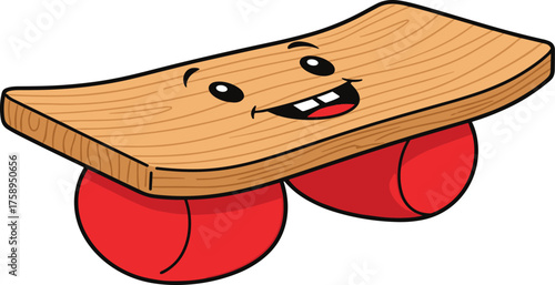 Cute cartoon wooden balance board with smiling face and red cushions, playful fitness equipment illustration for kids exercise, sports and fun concep