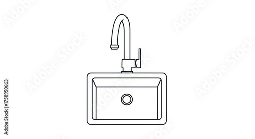 Line Art Drawing of Modern Kitchen Sink with Curved Faucet.